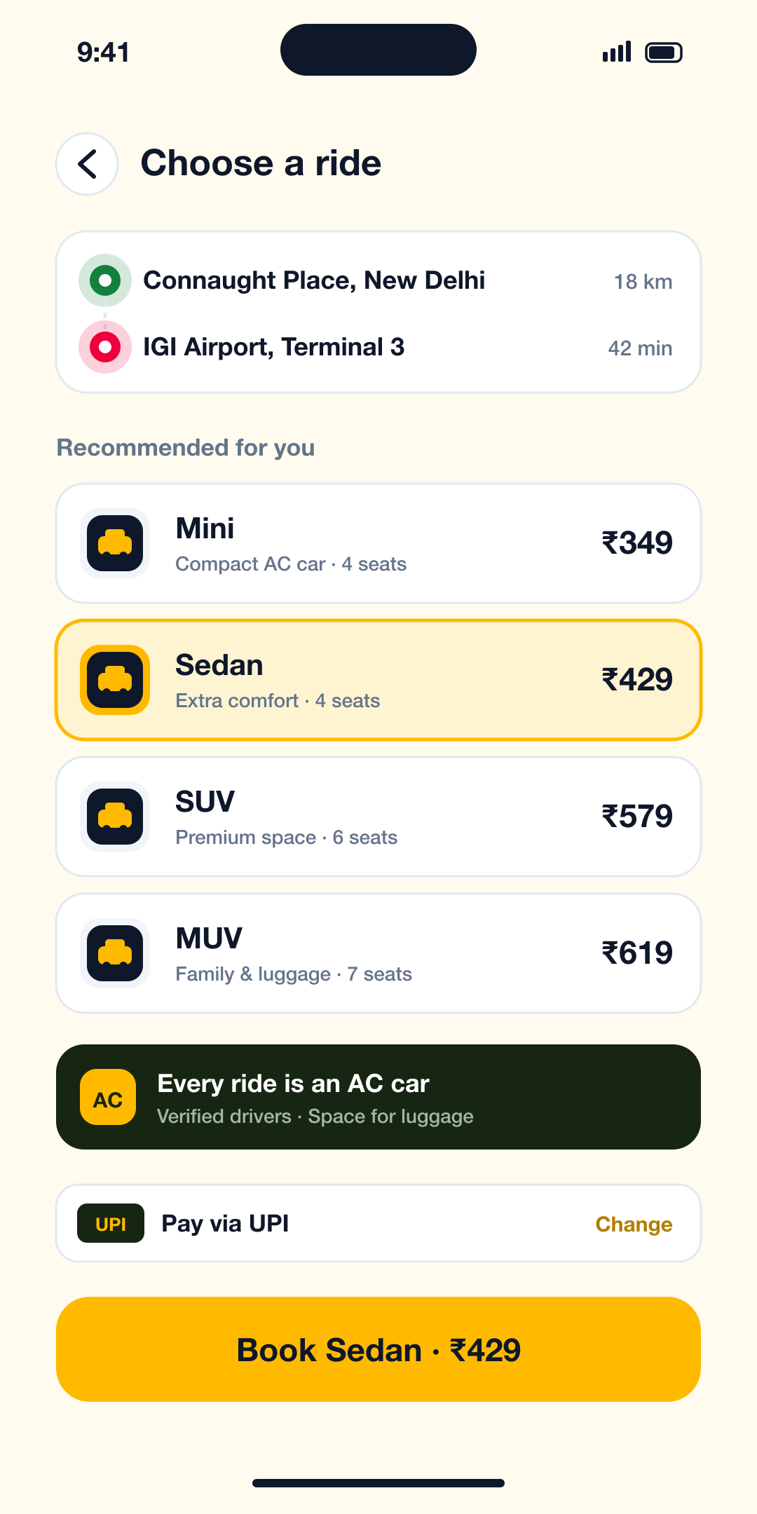 Zebra Taxi India ride selection screen showing Mini, Sedan, SUV and MUV fares in rupees