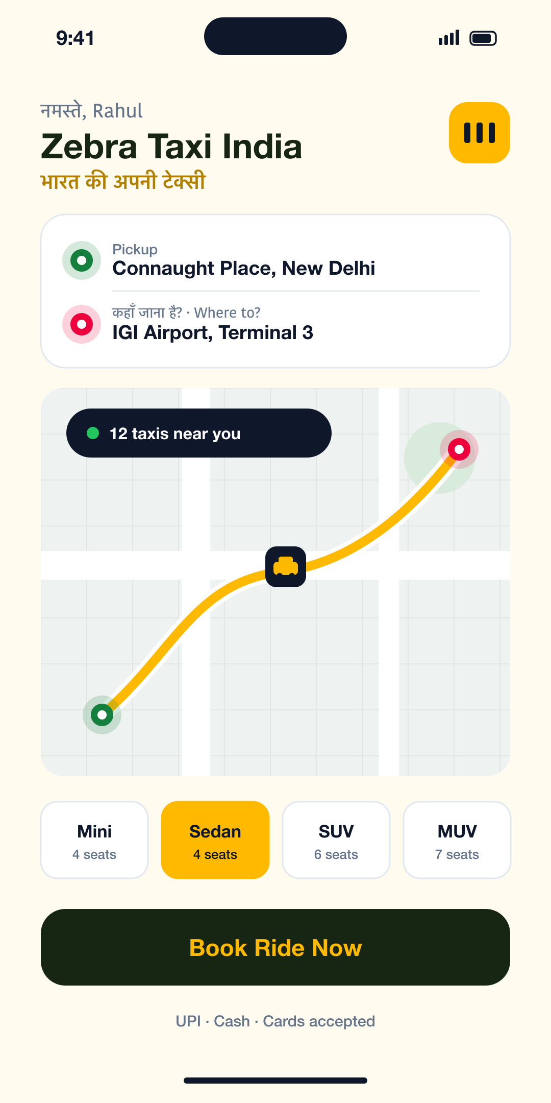 Zebra Taxi India home screen with pickup, destination and nearby taxis on the map