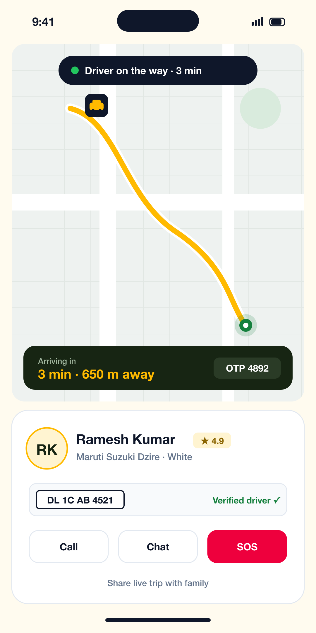 Zebra Taxi India live tracking screen with driver details, ride OTP and SOS button